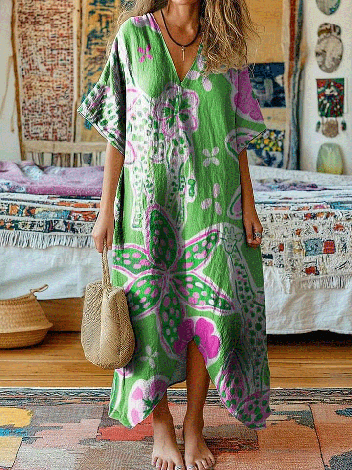 Women's Vintage Flower Art Print V-Neck Cotton Short Sleeve Dress
