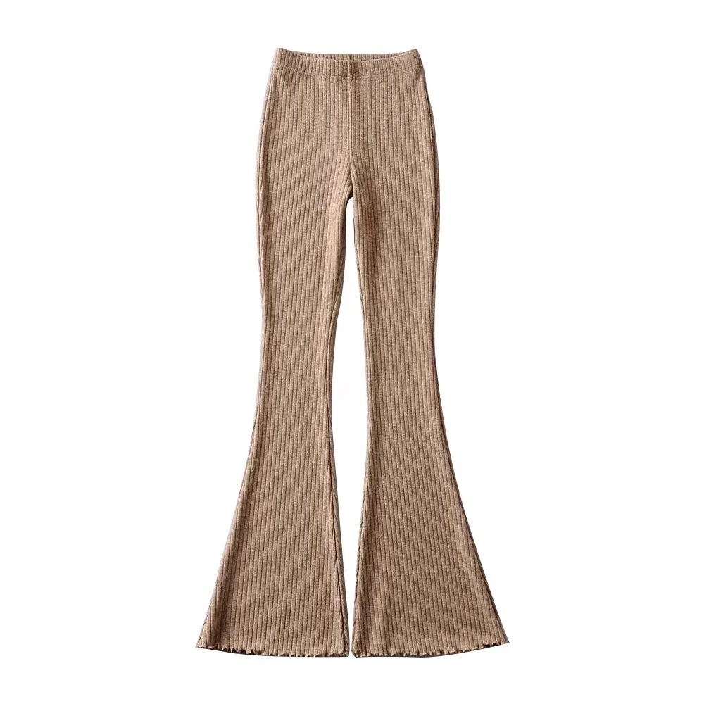 Ootddress Solid Knitted High Waist Flare Pants For Women Ribbed Casual Leggings Female Stretchy Bodycon Trousers Fashion Streetwear