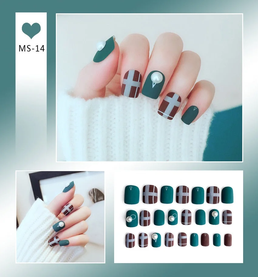 24pcs Matte False Nail Press On Nail With Glue Round Graffiti Fake Nail Manicure Nail Art Decoration  Nail Art Tools-Nail Inspo