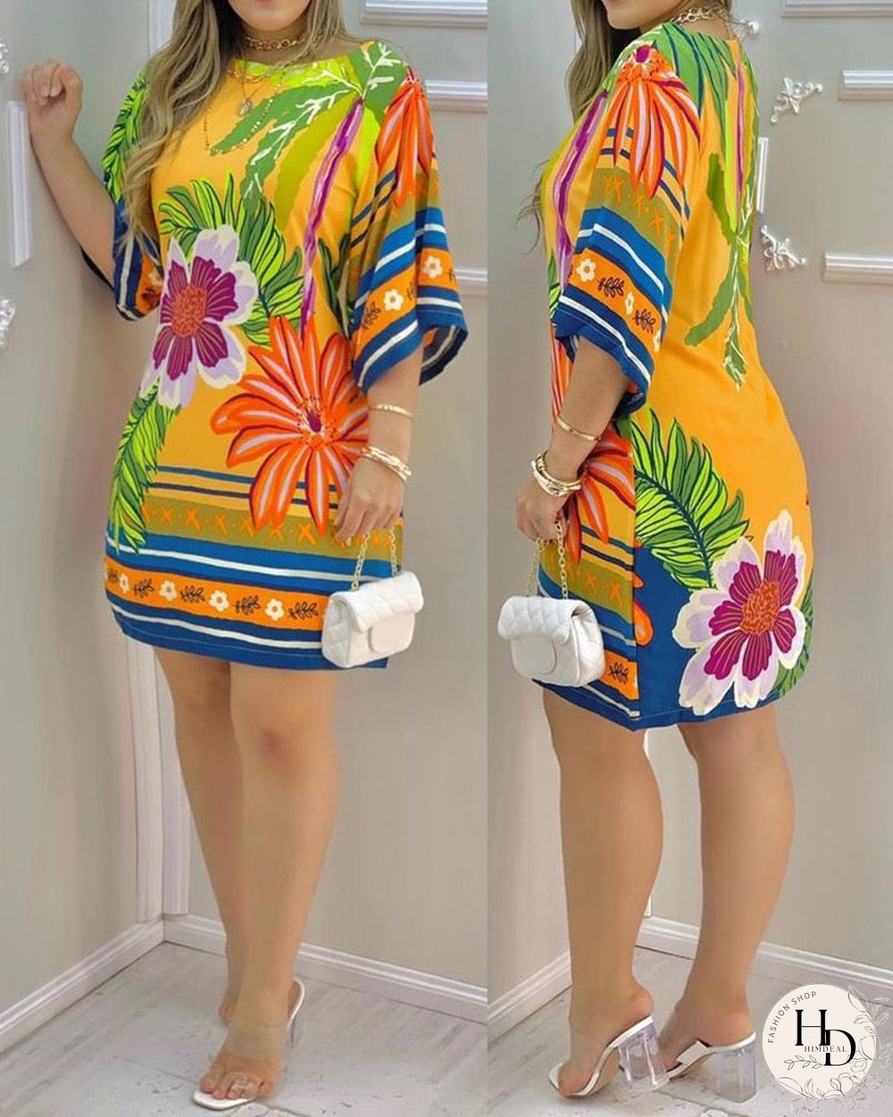 Summer Women's Mini Tropical Print Half Sleeve Casual Dress Round Neck Chic