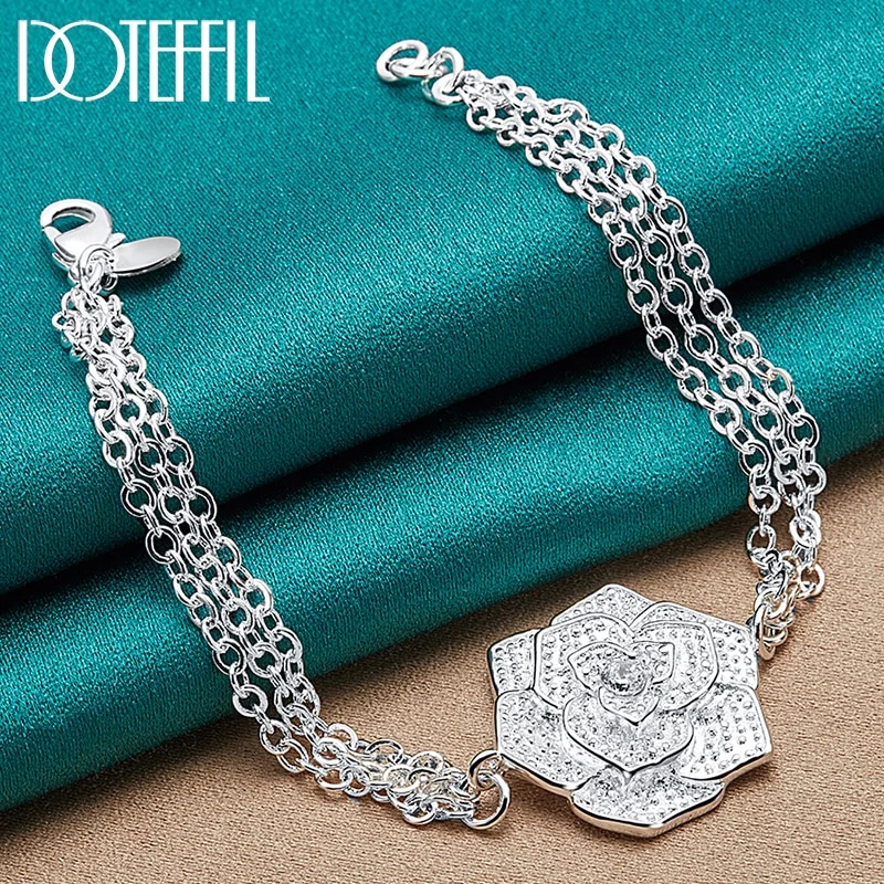 925 Sterling Silver Big Rose Flower Chain Bracelet For Women Jewelry