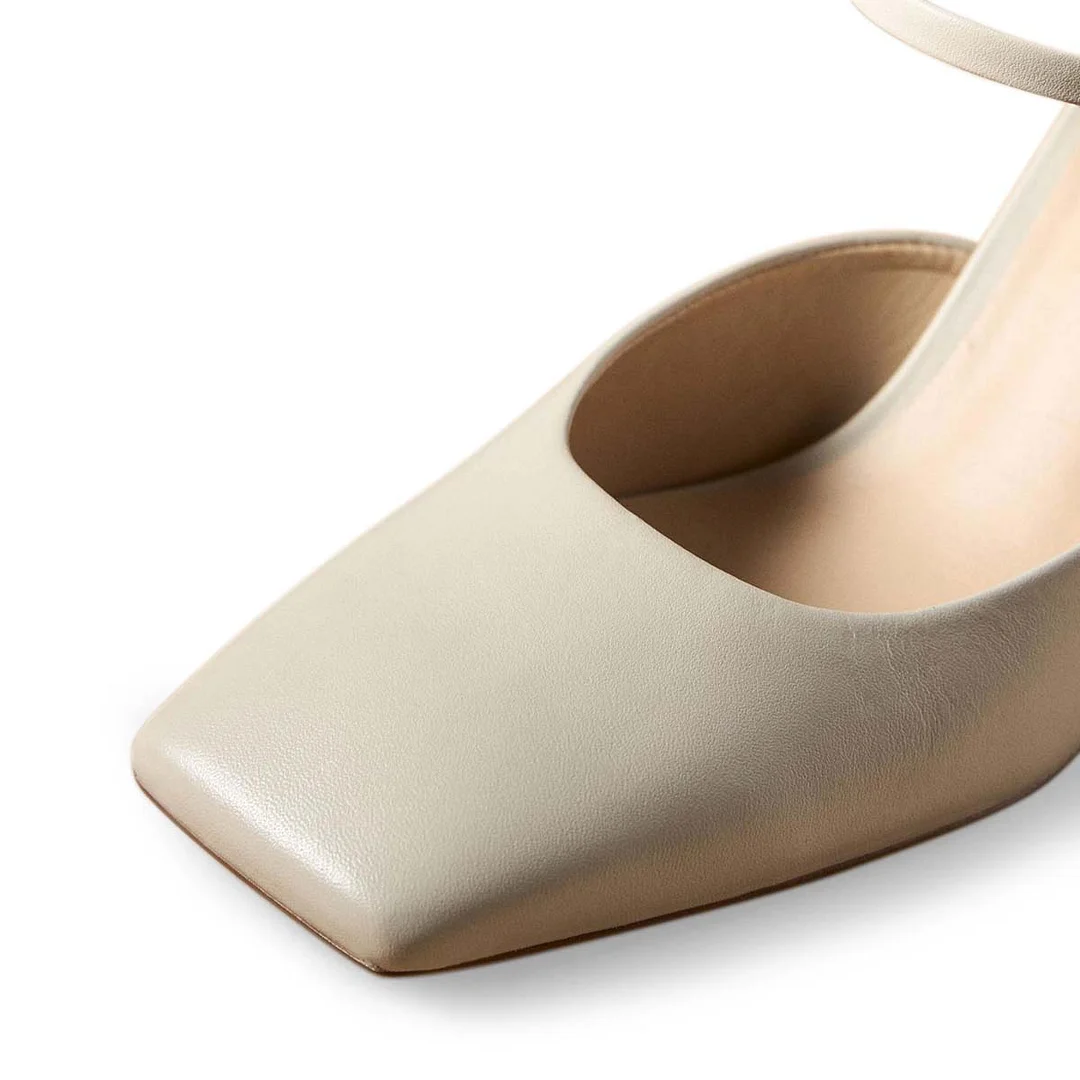 Vegan Leather Square Toe Block Heel Mary Janes in Off-White