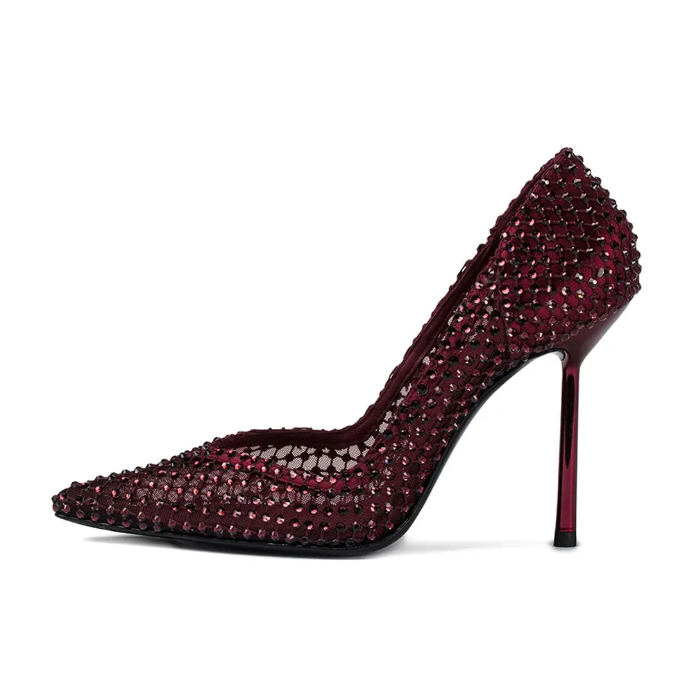 Women's Maroon Mesh & Satin Pointed Toe Rhinestone Pumps Heels