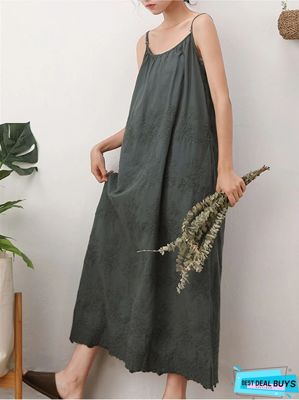 Fresh and Sweet Pure Color Dress Embroidered Loose Cotton Linen Skirt