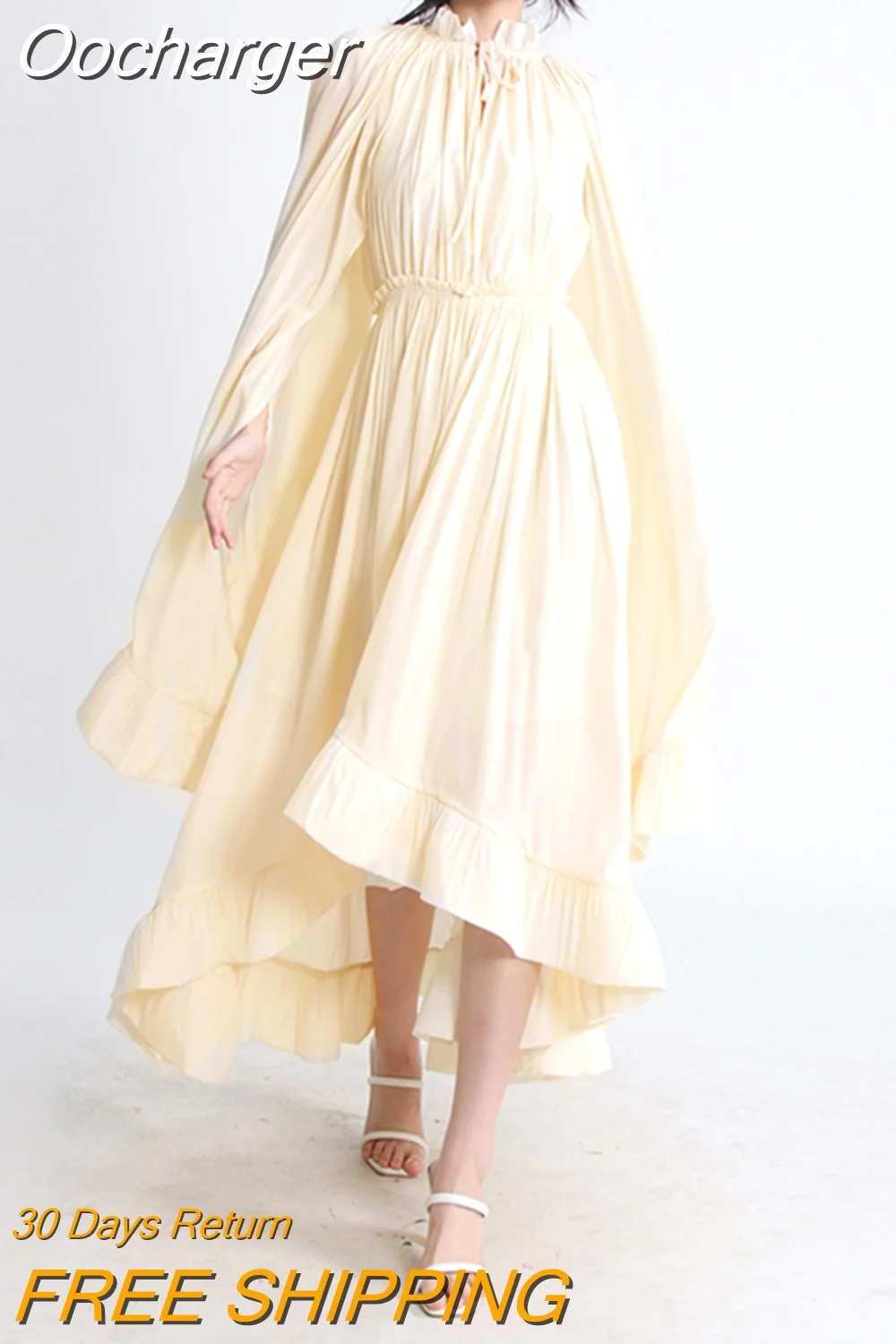Oocharger Minimalist Dresses For Women V Neck Cloak Sleeve High Waist Irregular Summer Dress Female Fashion Style Clothing