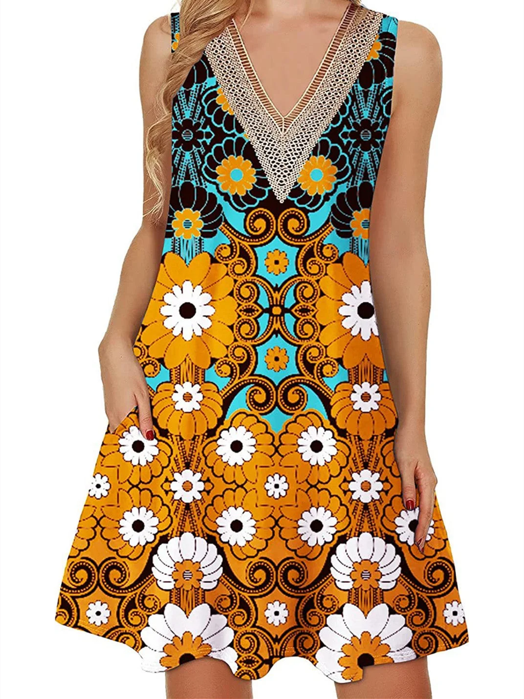 Women's Sleeveless V-neck Lace Flower Print Loose Casual Pocket Dress