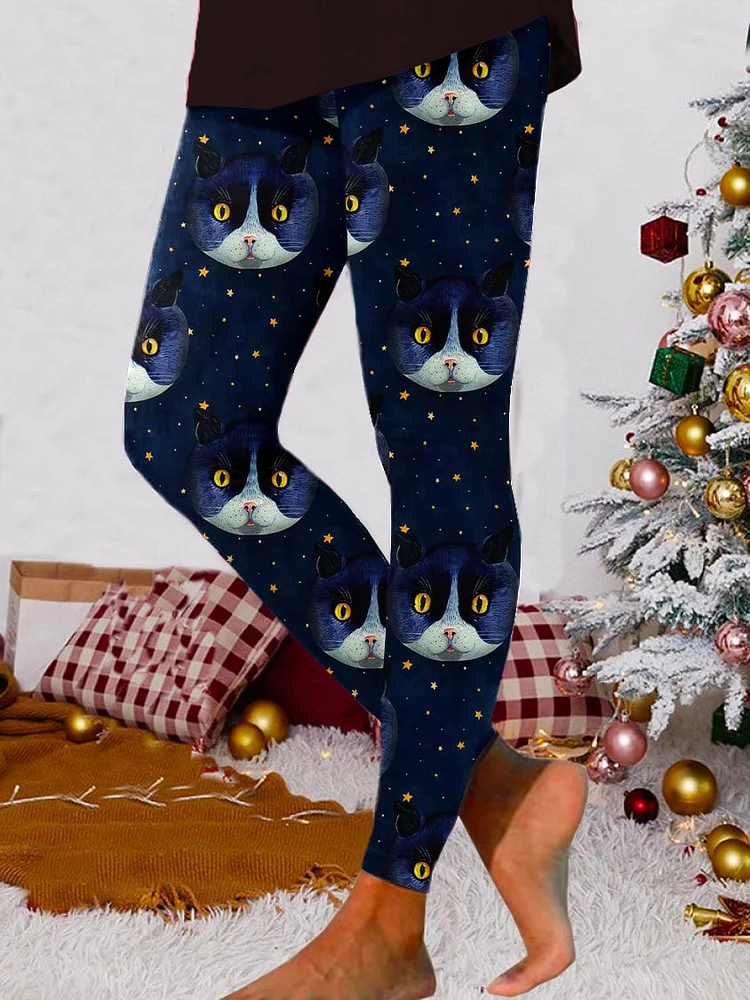 Women's Cat Print Brushed Knit High Stretch Leggings