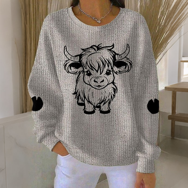 Women's Highland Cow Print Crew Neck Long Sleeve Sweatshirt elevenforest