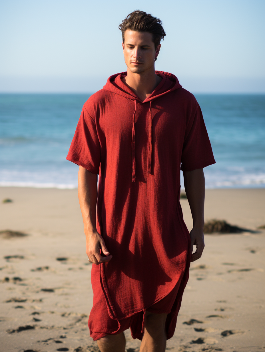 Red Men Linen Hoodie Kaftan Solid Long Caftan