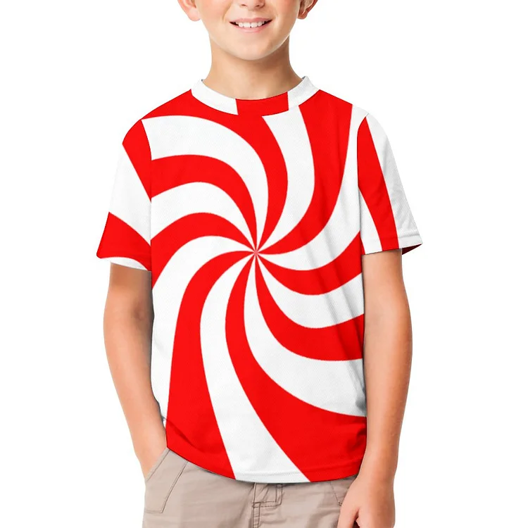 Sweet Red And White Peppermint Candy Swirl Round Boys Girls T-Shirts Kids Casual All over Print Graphic Short Sleeve 3D Tee - Heather Prints Shirts