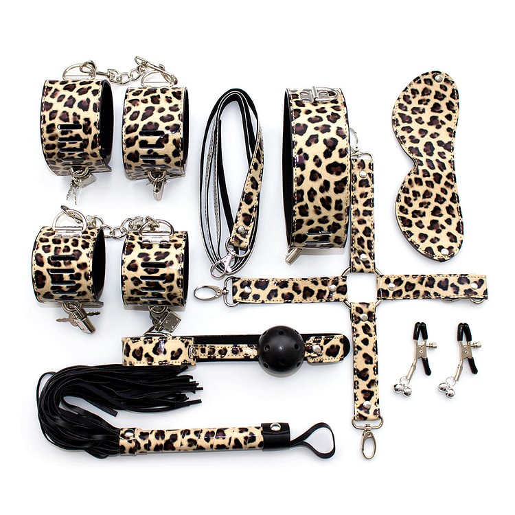 Leather handcuffs and ankle cuffs leopard print set