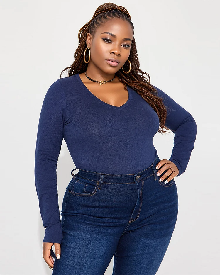 Women's Plus Size Simple V-Neck Tight Long Sleeve T-Shirt