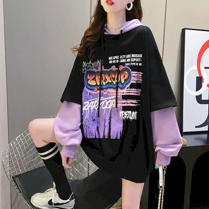 Korean version of loose fake two-piece sweatshirt women hooded 2020 autumn new mid-length student all-match jacket jacket trend