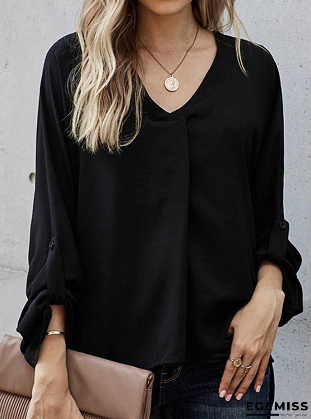 Casual Solid Color Loose V-Neck Long-Sleeved Blouse | EGEMISS