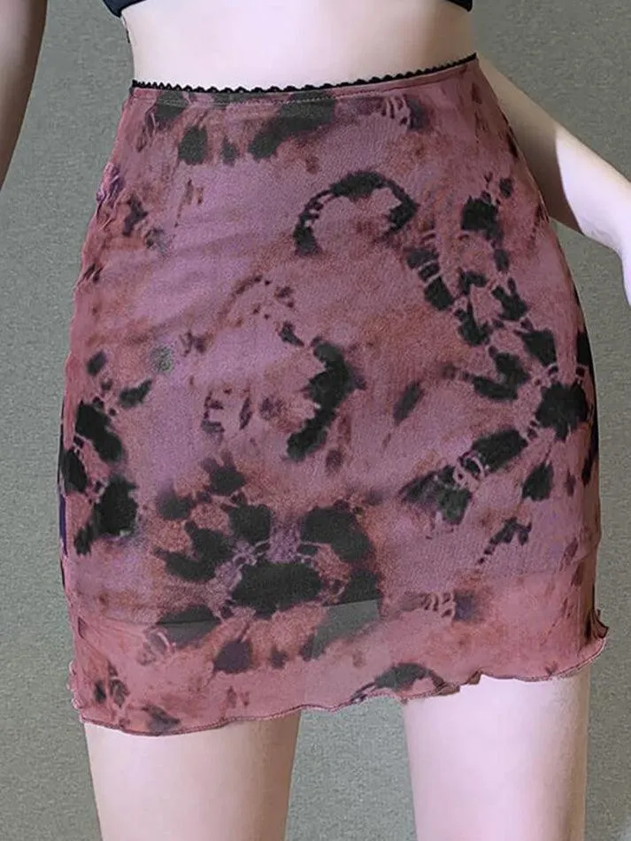 Brownm Tie-Dye Mesh Mini Skirt