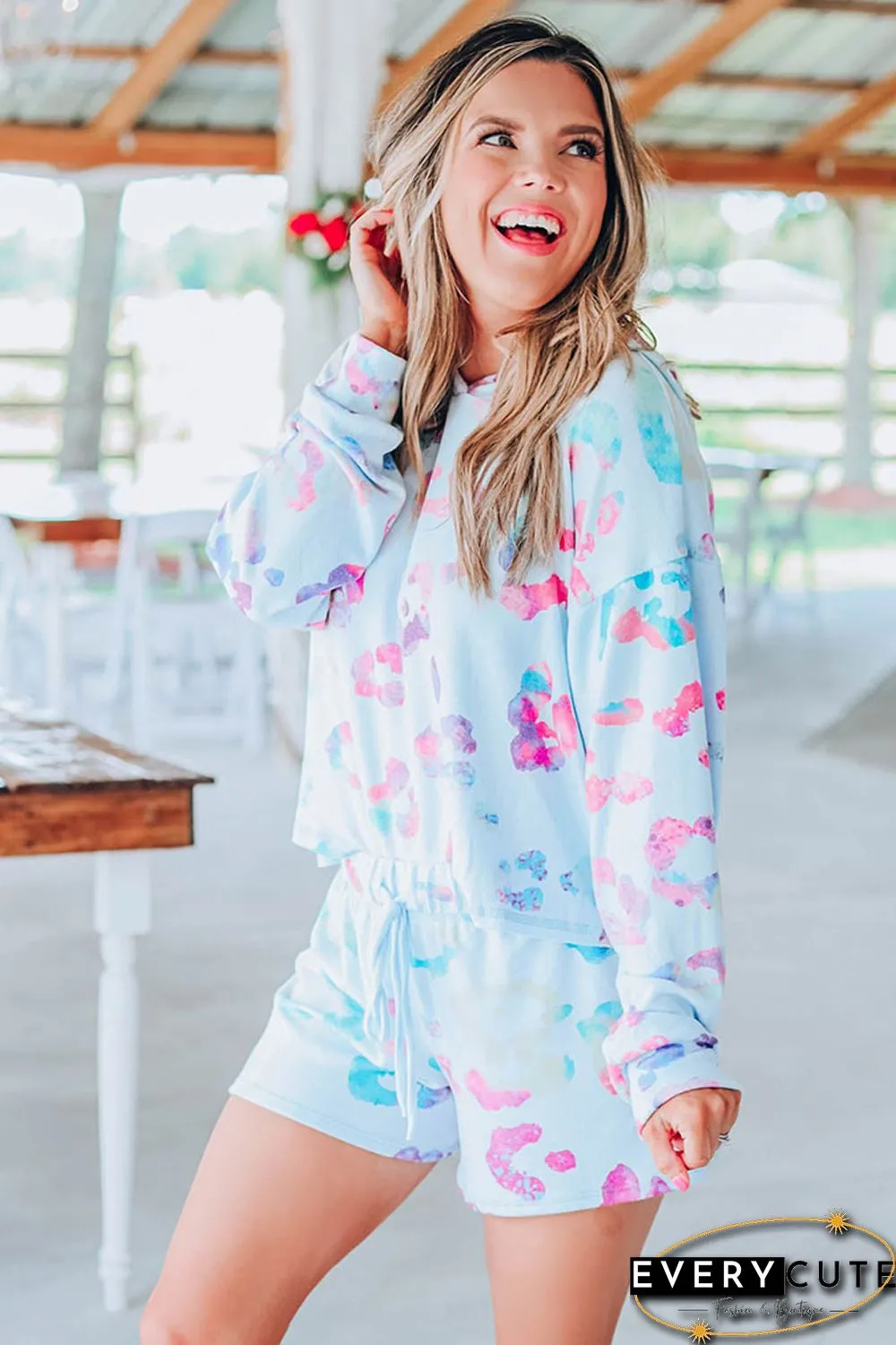 Sky Blue Leopard Print Hoodie and Shorts Set