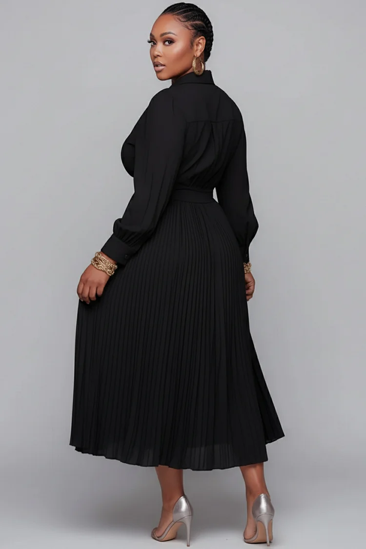 Xpluswear Design Plus Size Churchs Black Shirt Collar Long Sleeve Button Elegant Pocket Midi Dresses