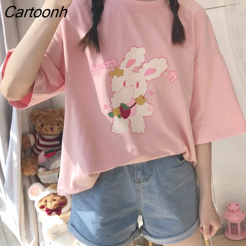Cartoonh Kawaii T-shirt Women 2021 Spring Fashion Cute Print T Shirt Women Oversize Casual Short Sleeve Pink Graphic T Shirts