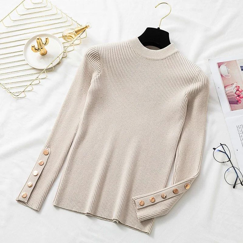 Women Pullover Sweater 2020 Winter Clothes Women Ribbed O-Neck Buttoned Long Sleeve Solid Casual Slim Knit Top Ladies Sweaters