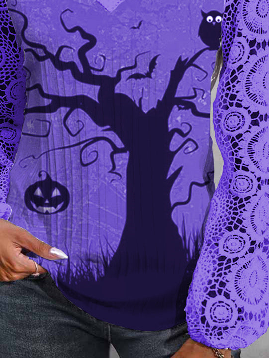 Women Long Sleeve V-neck Printed Graphic Halloween Lace Tops