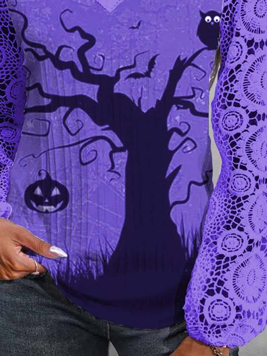 Women Long Sleeve V-neck Printed Graphic Halloween Lace Tops
