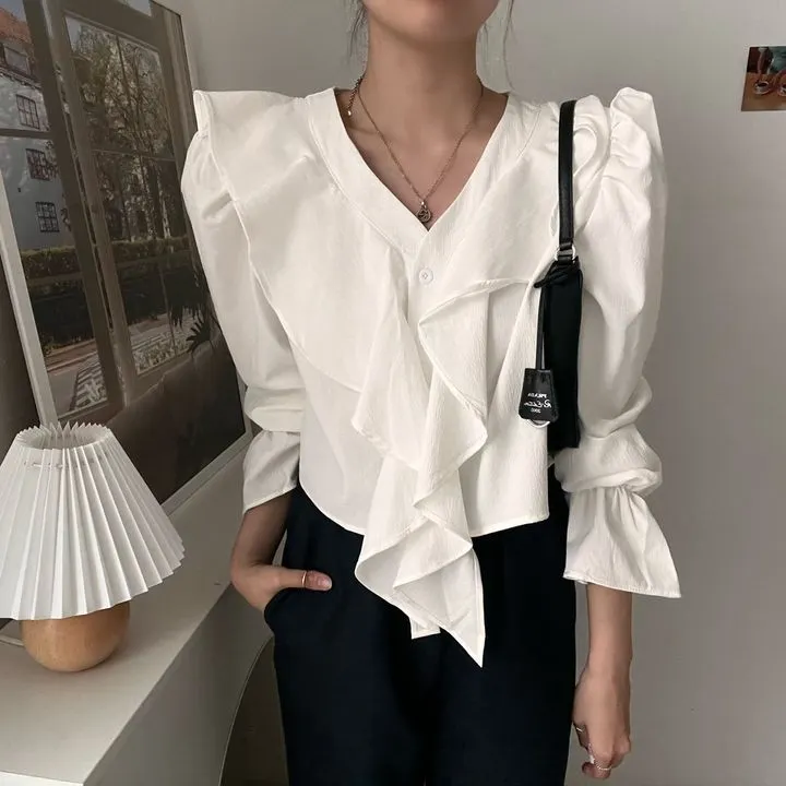Churchf Churchf Update Chic Fall French Temperament V Neck Flounce Horn Sleeve Design Sense Versatile Shirt Top