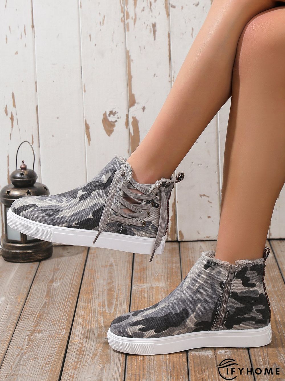 Casual Lace-up Decor Fringe High Top Canvas Shoes with Side Zip | IFYHOME