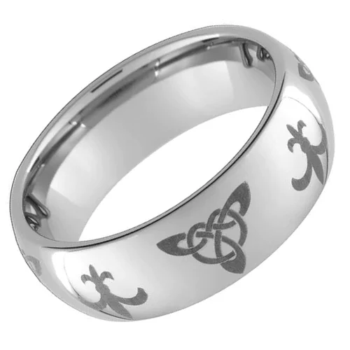 Silver Women Or Men's Tungsten Carbide Wedding Band Rings,Domed Multi Triquetra Celtic Knot Ring,Silver With Laser Etched Irish Trinity and Fleur De Lis Design With Mens And Womens For 4MM 6MM 8MM 10MM