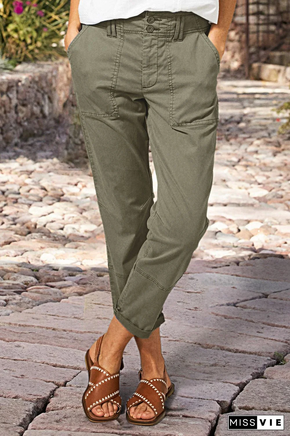 Double Button Mid Waist Straight Leg Pants