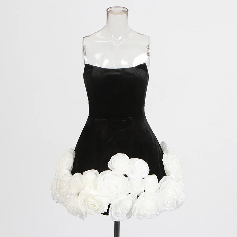 Zingj Vietnamese Style Sexy Dress 2025 Summer New Velvet Chest Three-Dimensional White Rose Small Puffy Dress Dress