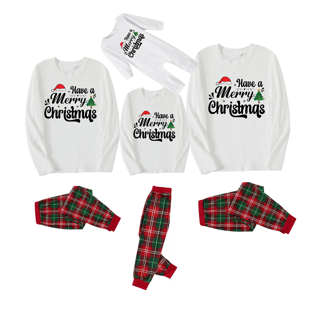 "Have a Merry Christmas" Letter Print White Long Sleeve Top with Red & Green Plaid Pants Family Matching Pajamas
