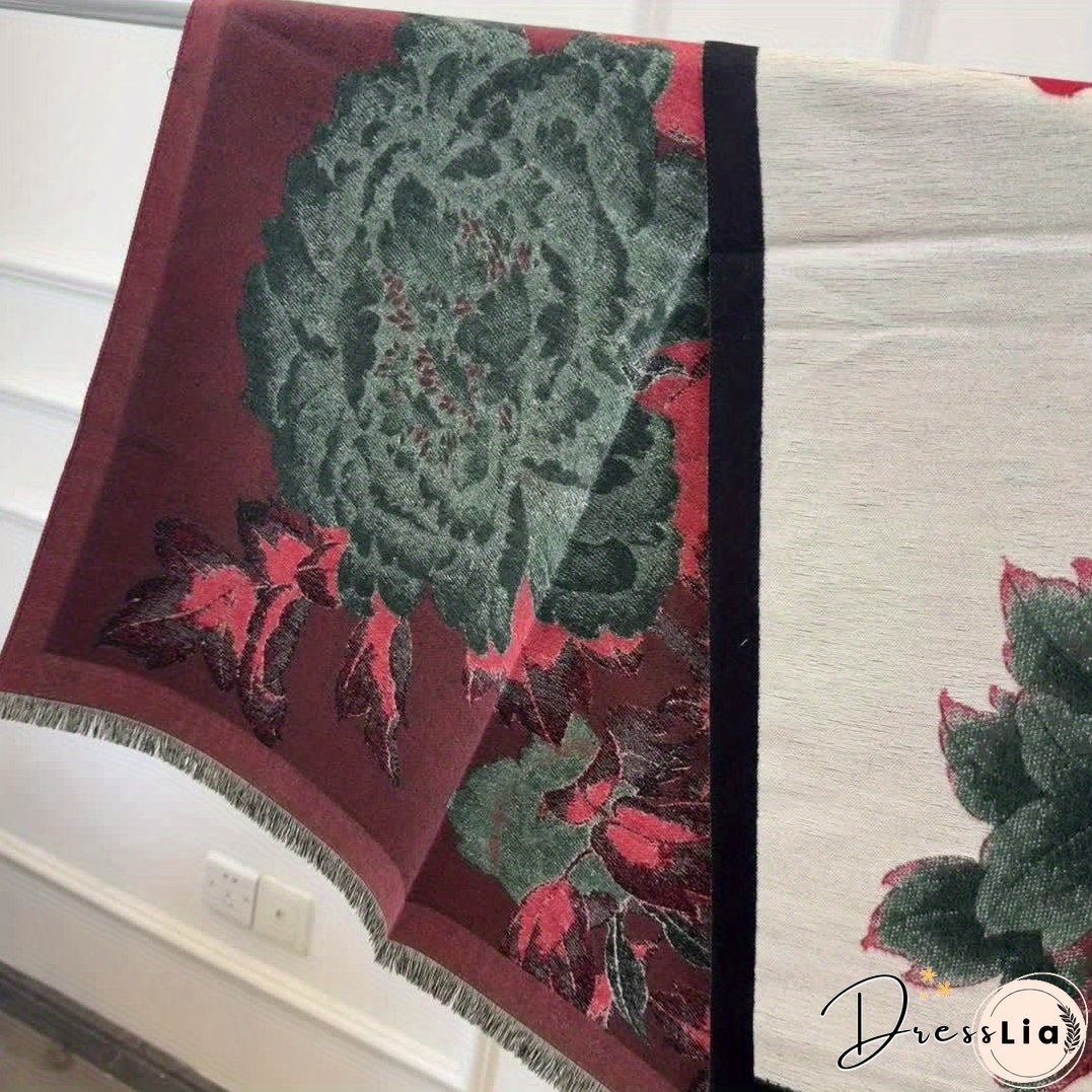 Vintage Floral Pattern Soft Shawl Scarf - Elegant, Warm, Fringe, Windproof, Coldproof, Autumn Winter Essential - Perfect for Outdoor Activities, Casual Wear, and Gift Giving