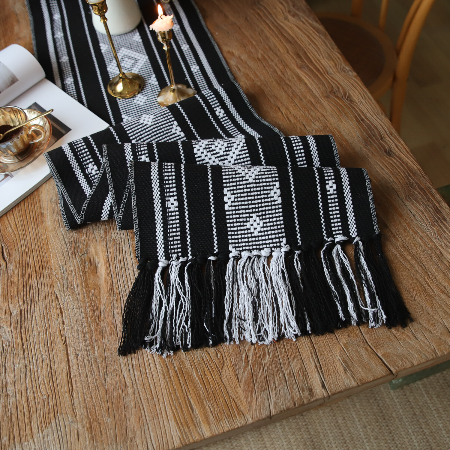 Rotimia Hand-fringed table cloth with striped cotton and linen