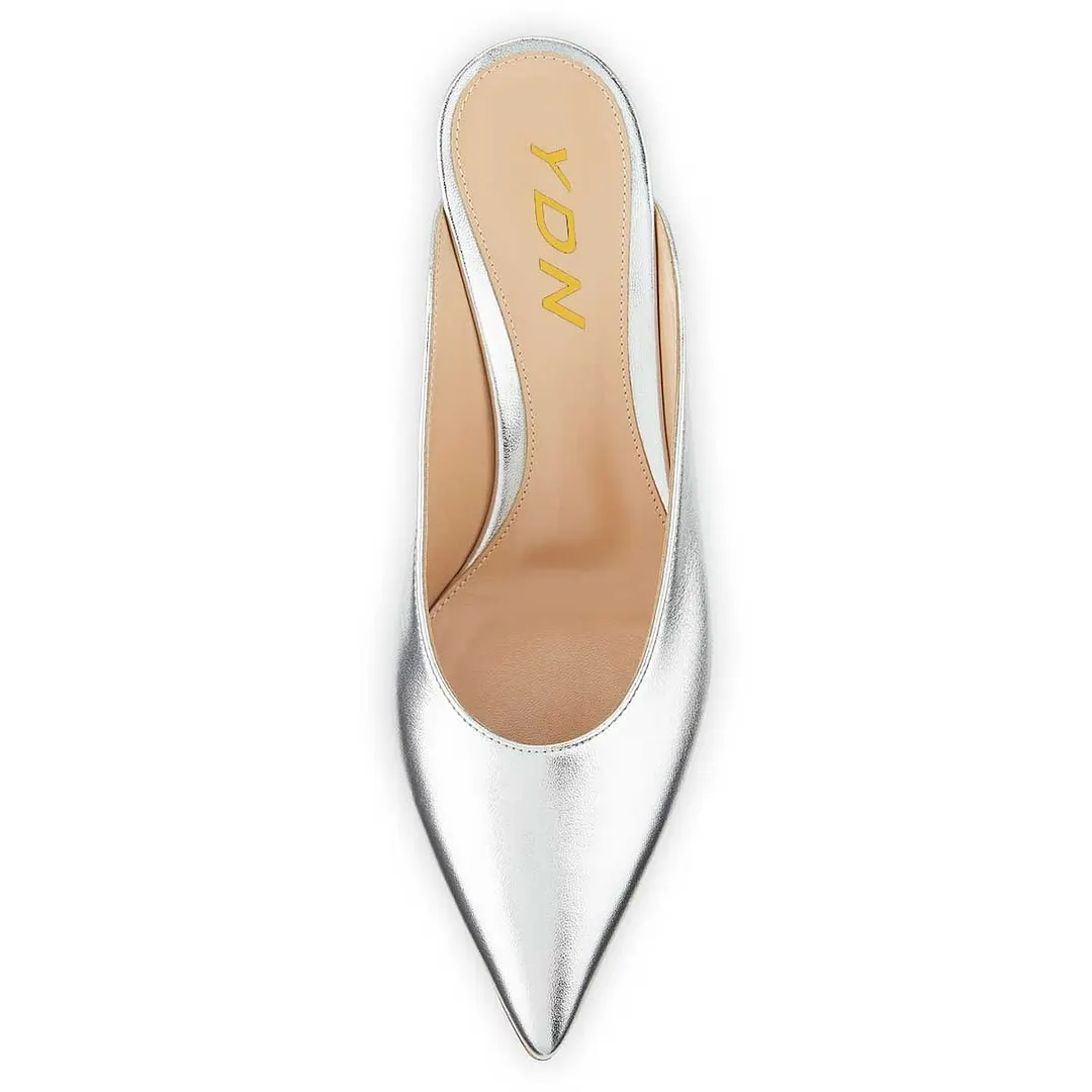 Silver Metallic Finish Pointed Toe Mules Shoes with Stiletto Heels