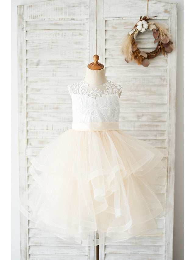 Oknass Ball Gown Sleeveless Jewel Neck Flower Girl Dresses Lace Tulle With Belt Tiered