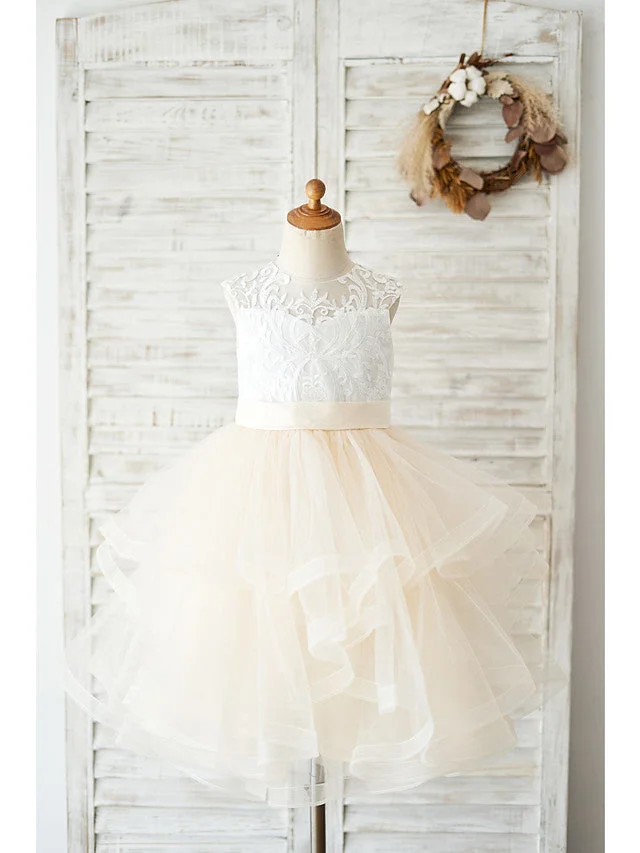 Hellodresses Ball Gown Sleeveless Jewel Neck Flower Girl Dresses Lace Tulle With Belt Tiered