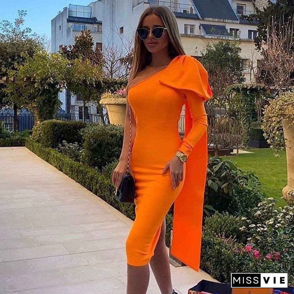 Summer New Women's Fashion Sexy One-shoulder Long-sleeved Bow Elegant Celebrity Bandage Dress Bodyon Midi Dress Vestidos