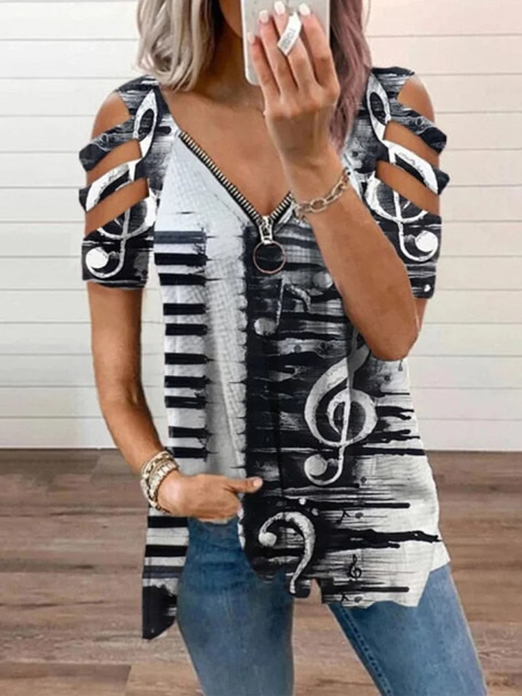 Music Notes Art Cutout Shoulder Zip T Shirt