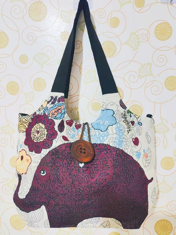 Women’s Large Canvas Elephant Ethnic Style Square Zipper Shoulder Bag