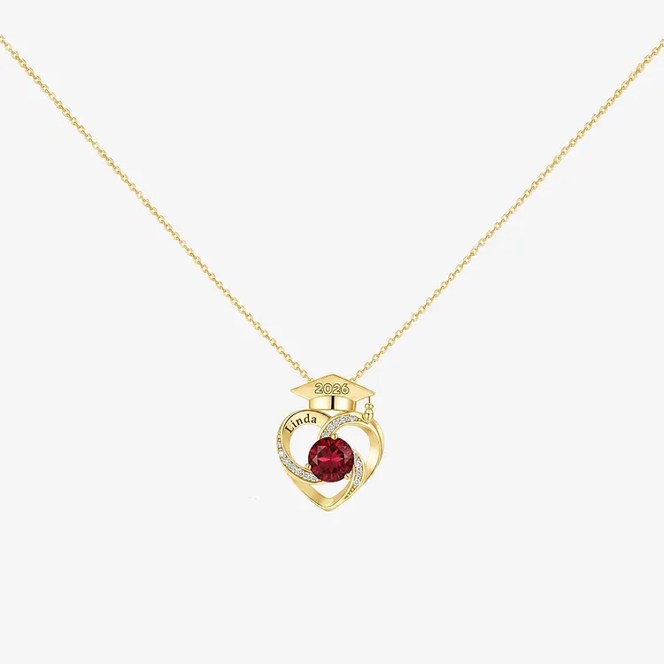 Graduation Gift - Customized Year, Name & Birthstone Graduation Cap Heart Necklace