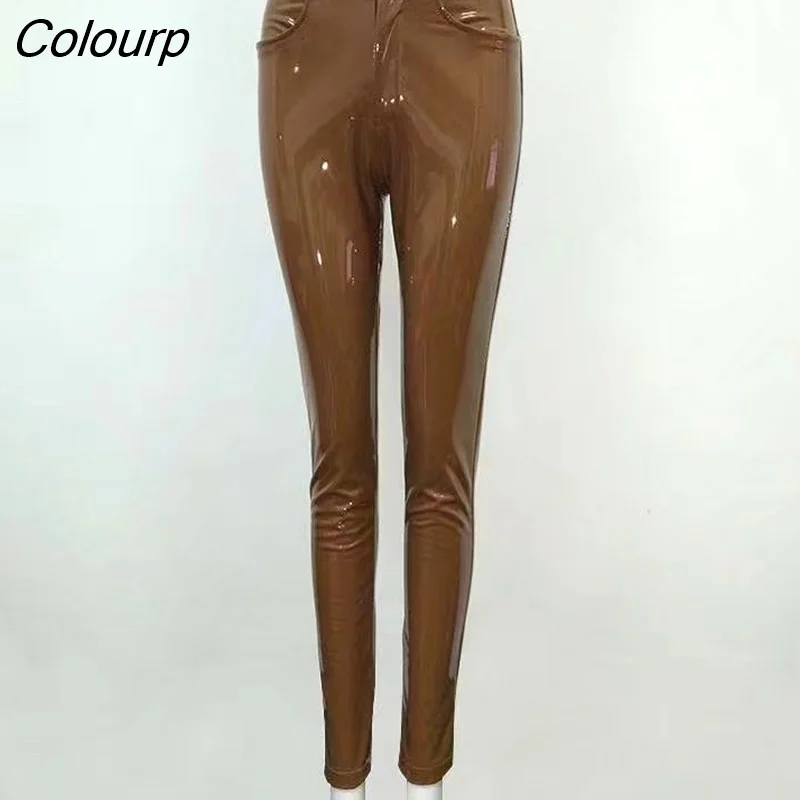 Colourp Quality Celebrity Brown Red Black Leather Stretch Pants Sexy Fashion Boycon Pant