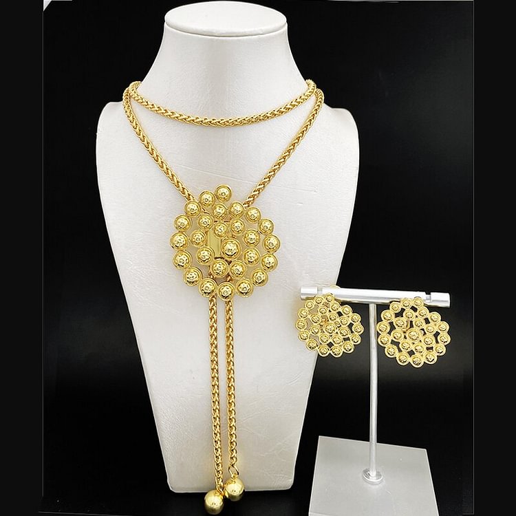 Dubai Gold Plated Jewelry Large Pendant Earrings Set 33.5 Inch Long Chain Adjustable Necklace