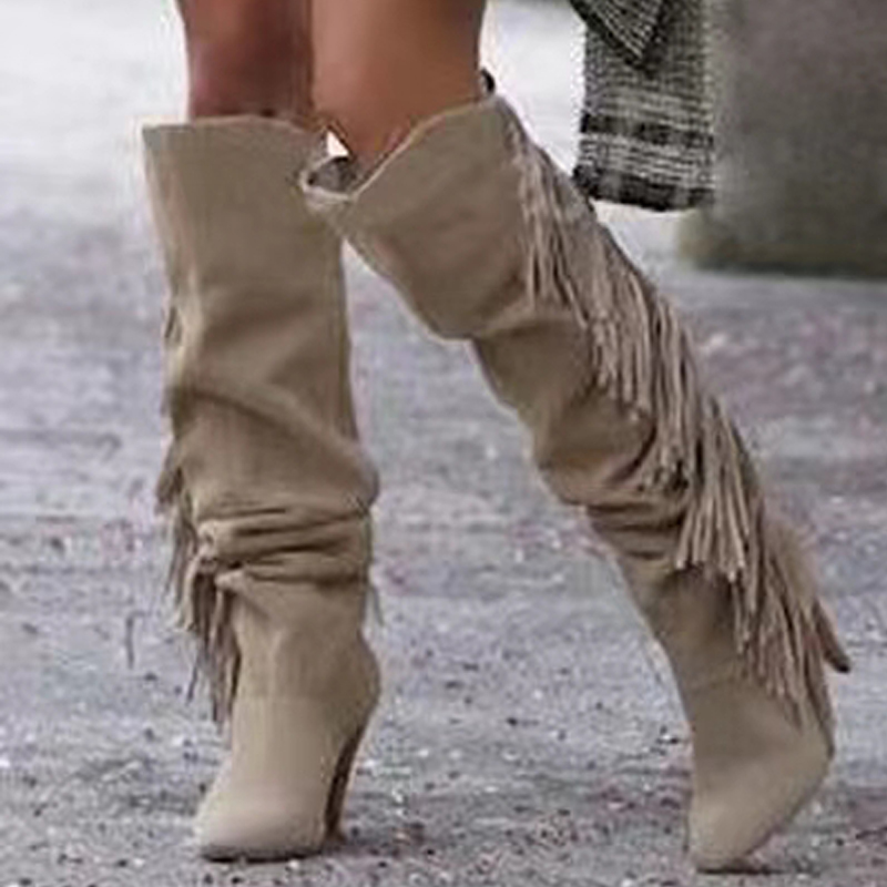 VCSHOES Women Leather Tassel Boots Solid Pointed Toe Side Zipper Knee High Boots Suede Fringe High Heel Botas De Mujer