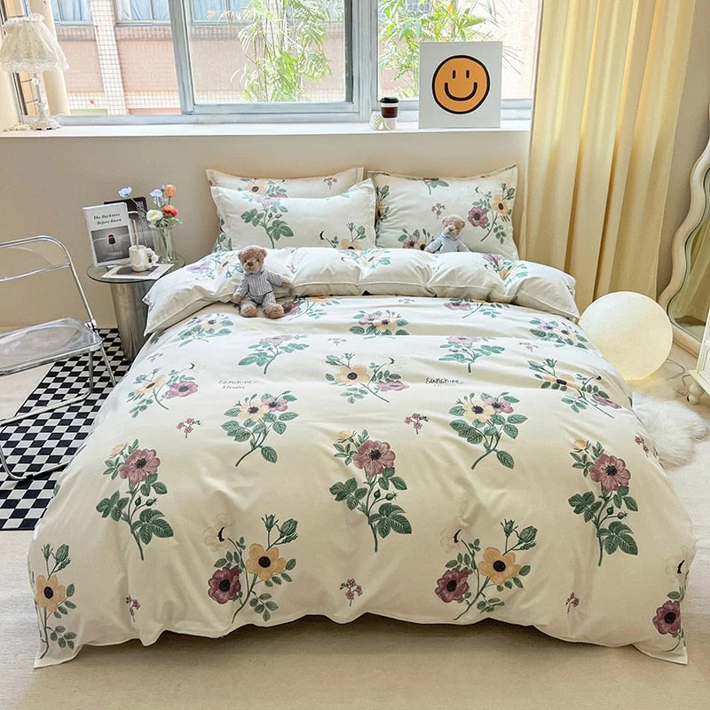 Xpoko Floral Printed Duvet Cover Set with Sheet Pillowcases Warm Cute Cartoon Bed Linen Full Queen Size Home Gift Bedding Set