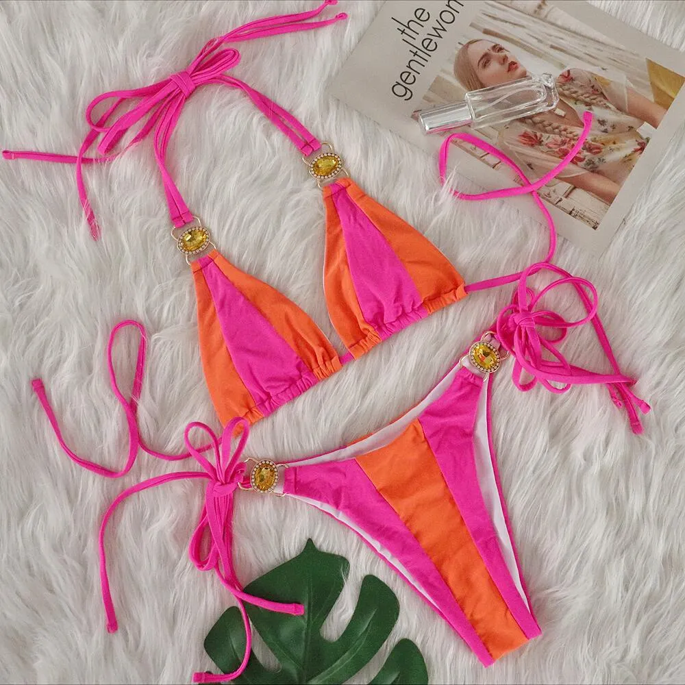 Uveng Uveng Sexy New Crystal Diamond Bikini Solid Color Patchwork Belt Swimsuit Vacation Split Women's Swimsuit