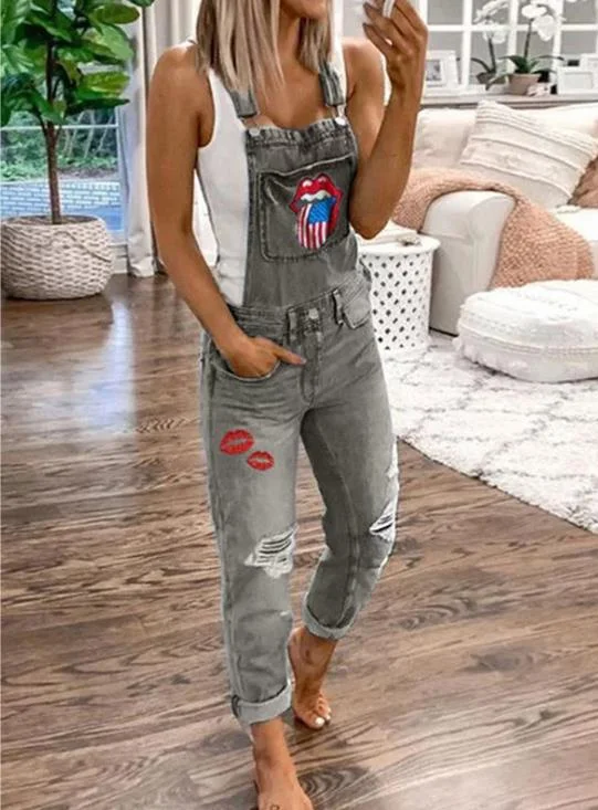 Women's Casual Independence Day Mouth Flag Pattern Ripped Denim Jumpsuit