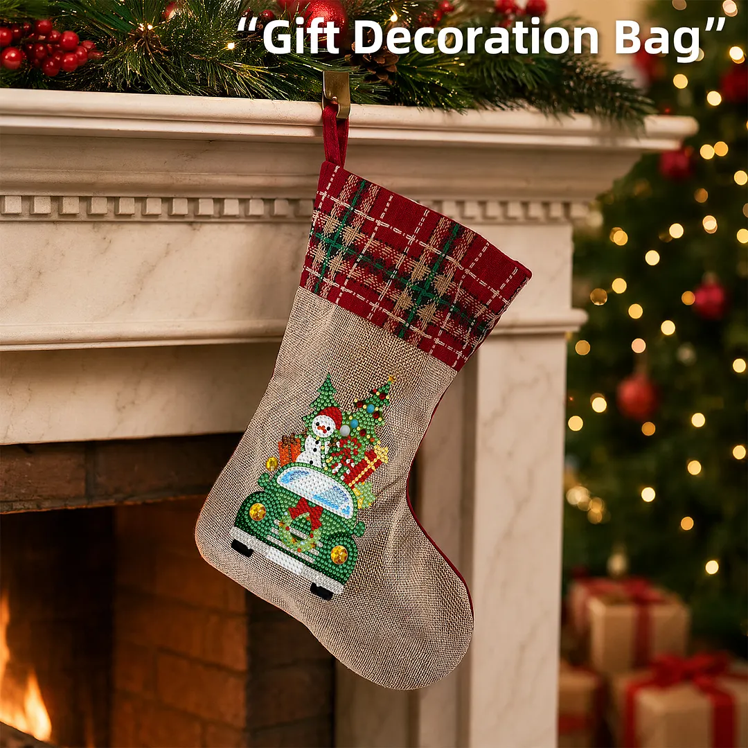 DIY Diamond Painting Christmas Stockings Hanging Ornaments Large Capacity Xmas Socks Pendant Wear Resist Candy Gift Storage Bags for Family Christmas Holiday Party Decoration (Christmas tree car)