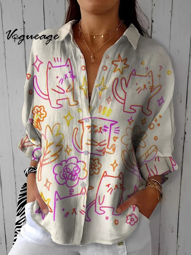 Fashion Cute Simple Hand Drawn Cat Printed Cotton And Linen Shirt