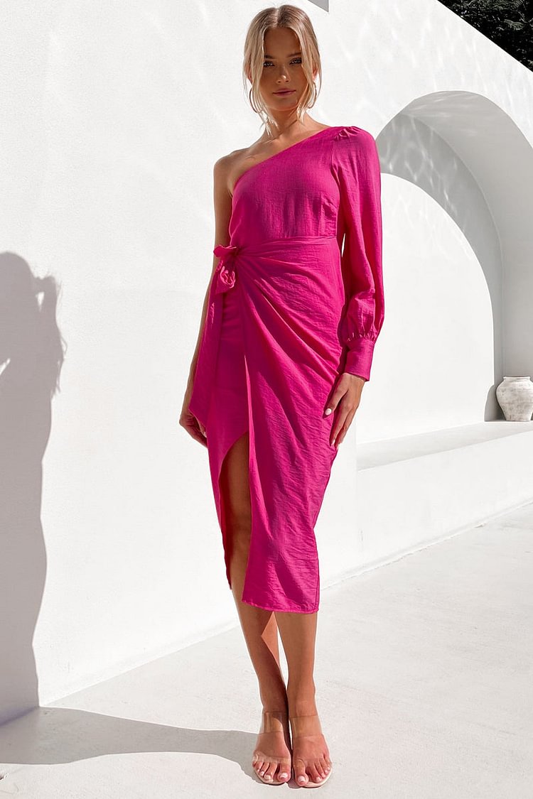 One Shoulder Tie Slit Midi Dresses 