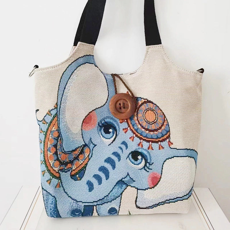 Women’s Large Canvas Elephant Ethnic Style Square Zipper Shoulder Bag